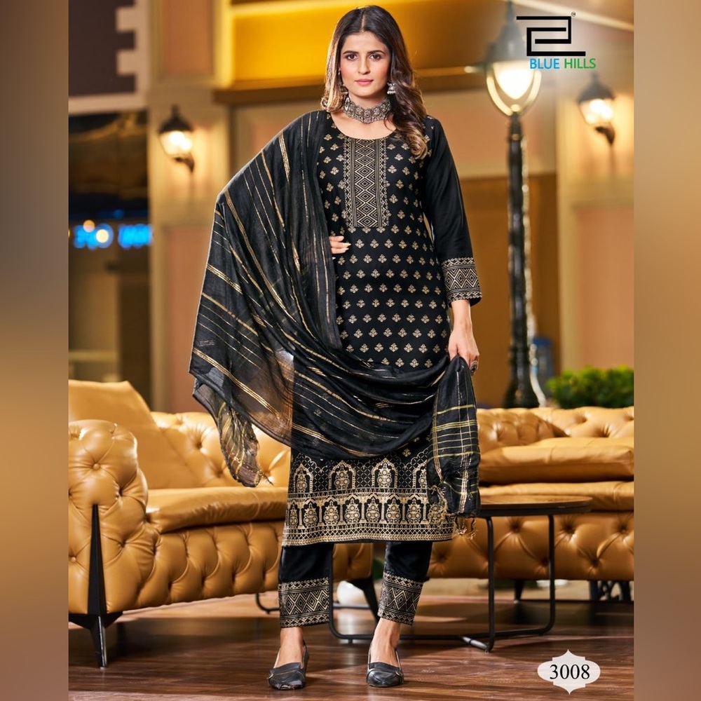 Onyx Opulence Foil Printed Rayon Salwar Kameez